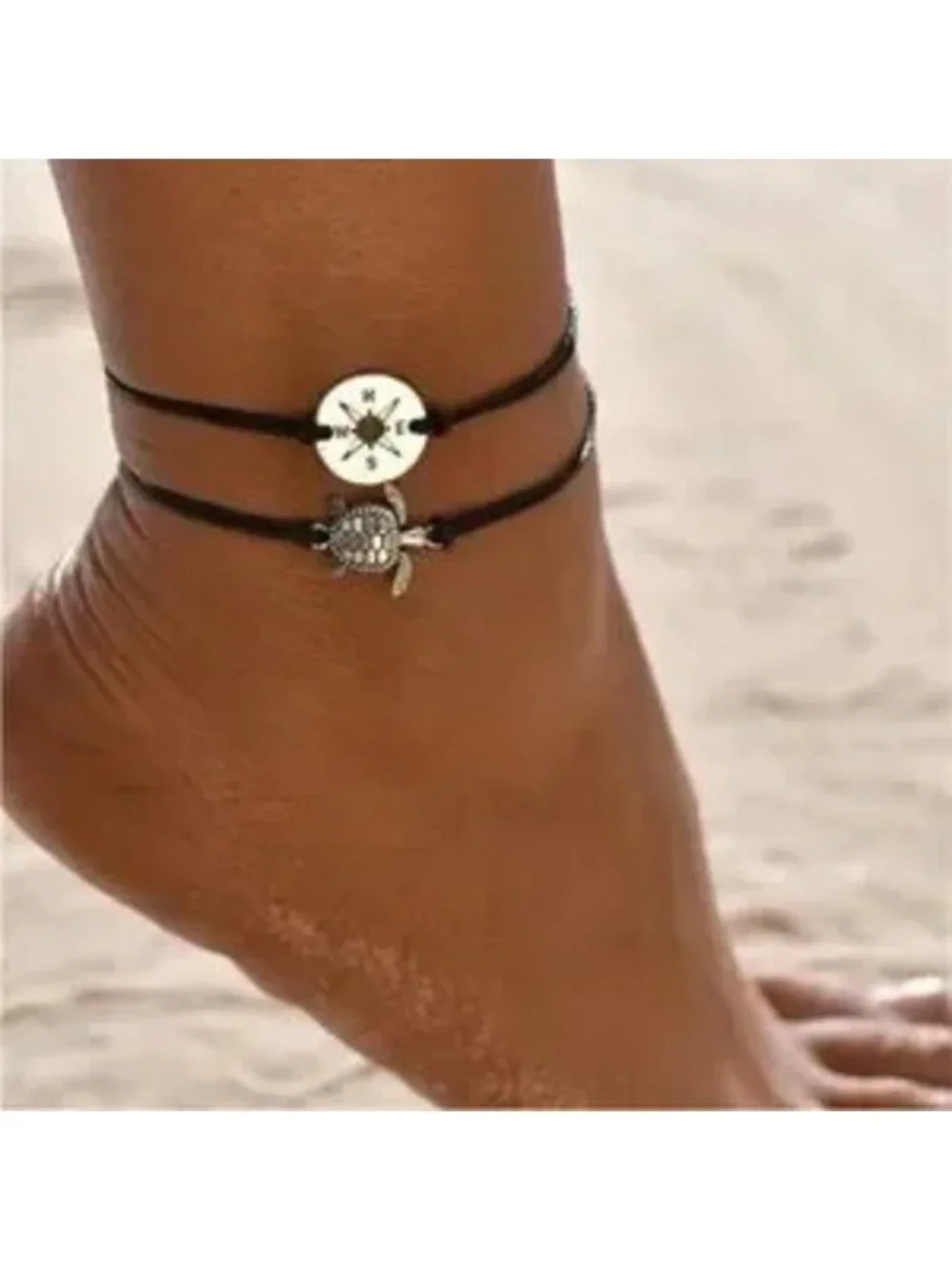 Black Silver Turtle Compass 2pc Anklet Set